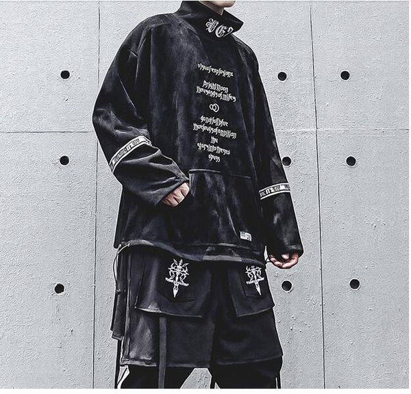 

vintage embroidery hip hop hoodie techwear tactical streetwear hoodie sweatshirt mens streetwear pullover cotton, Black