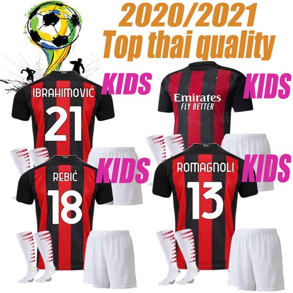 

kids boys ac socks 2020 2021 milan ibrahimovic soccer jerseys set 20 21 piatek paqueta theo rebic football shirts kids kits uniforms, Black