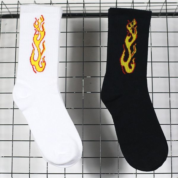 

men fashion hip hop hit color on fire crew socks red flame blaze power torch warmth street skateboard cotton long socks, Black