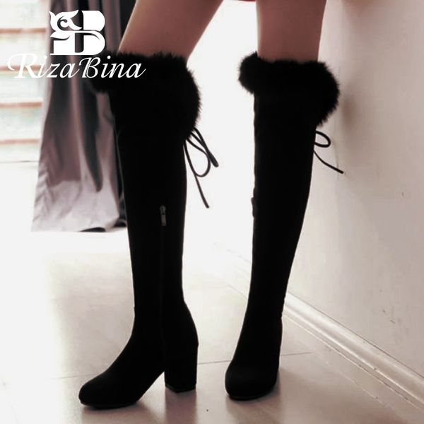 

rizabina women over the knee boots solid color high heels shoes winter fur zipper long boots warm women footwear size 32-43, Black
