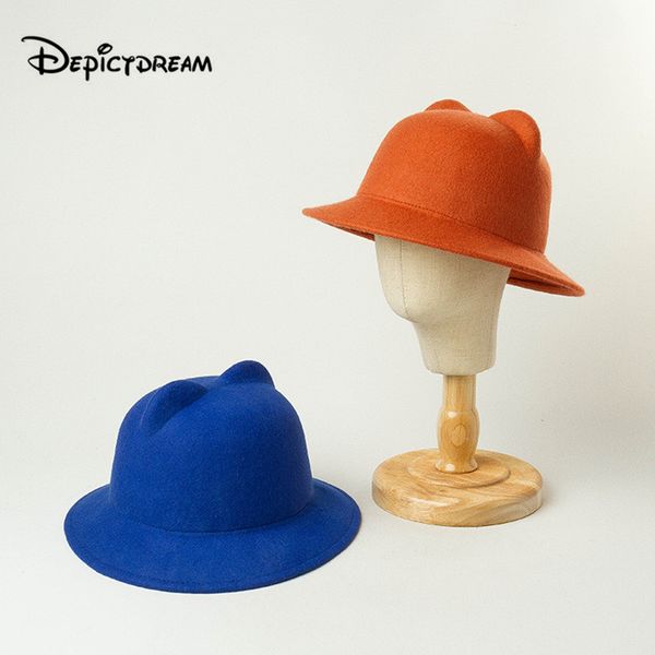 

new autumn winter fashion leisure wool cartoon ear modeling lovely wool felt bucket formal hat spring size 54cm, Blue;gray