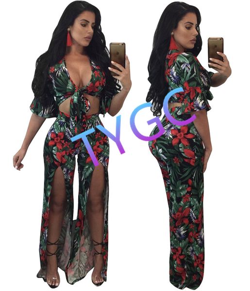 

suit 2-piece set coordinates twinset 80% polyester women's print flare sleeve ribbon split fashion summer wear, White