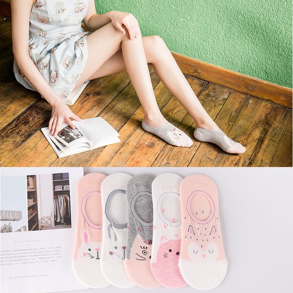 

lovely pink cartoon animal women summer boat anti slip no show socks, Black