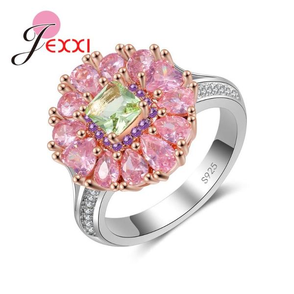 

gorgeous colorful big flower pink austrian crystal rings for women engagement anniversary dance party 925 sterling silver, Golden;silver