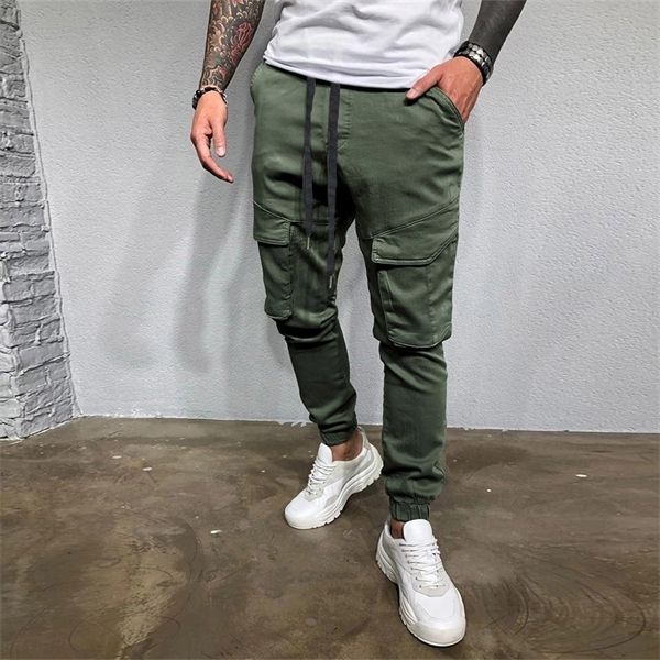 

multi-pocket cargo pants men casual solid trousers drawstring elastic waist long pants beam foot streetwear pantalones hombre, Black