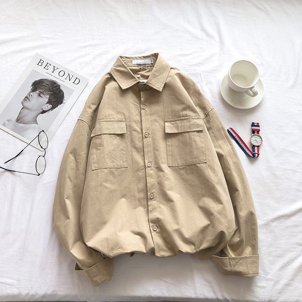 

versatile fashion brand tooling shirt men's loose clothes ins handsome long sleeve men kg-215, White;black