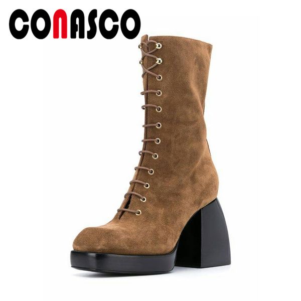

conasco fashion women mid-calf boots concise genuine leather autumn winter lace-up platforms zip thick heels boots woman, Black