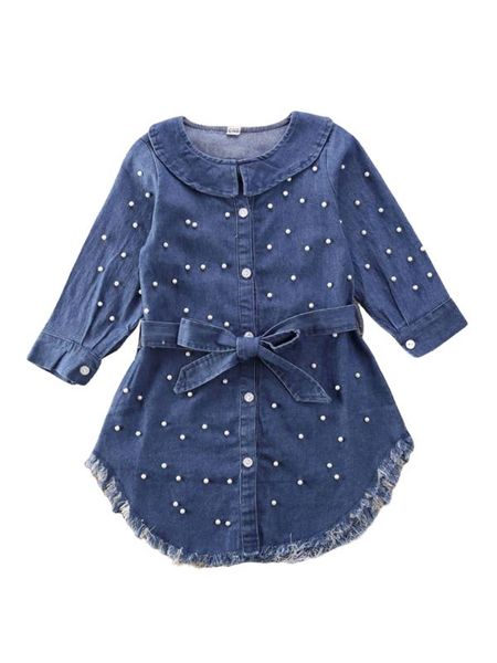 

2020 fashion toddler kid baby girl 1t-6t dress clothes long sleeve denim pearl belt single breasted dresses spring autumn, Red;yellow
