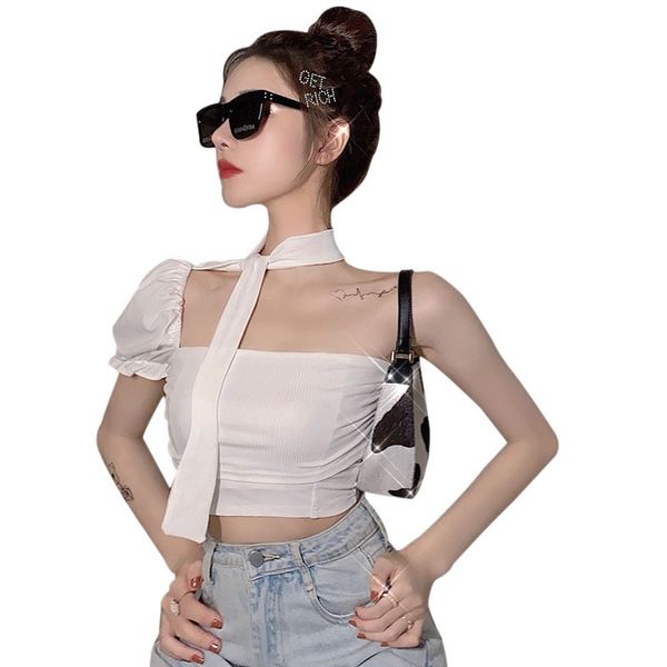 

women's tanks & camis korean vest puff sleeve halter neck slim vests irregular neckline slimming umbilical white size femmes