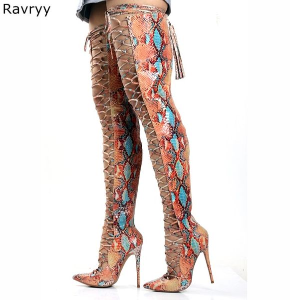 

pointed toe cross-tied woman long boots summer colorful snakeskin over-the-knee sandal boots lace up female motorcycle booties, Black