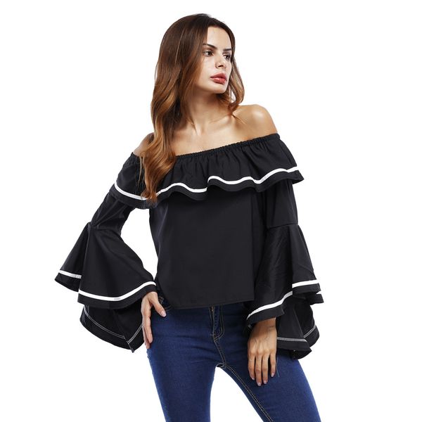 

summer fashion women casual t-shirt white strapless collar flounce sleeve loose office ladies tee t-shirt black s-xl