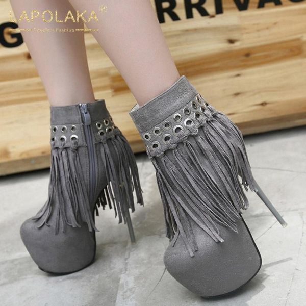

lapolaka 2020 super high heels fetish boots women shoes zip up fringe platform ankle women boots ladies footwear, Black
