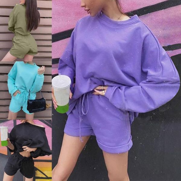

women's tracksuits two piece set casual suit round neck long sleeve solid color shorts elastic band conjuntos de mujer, Gray