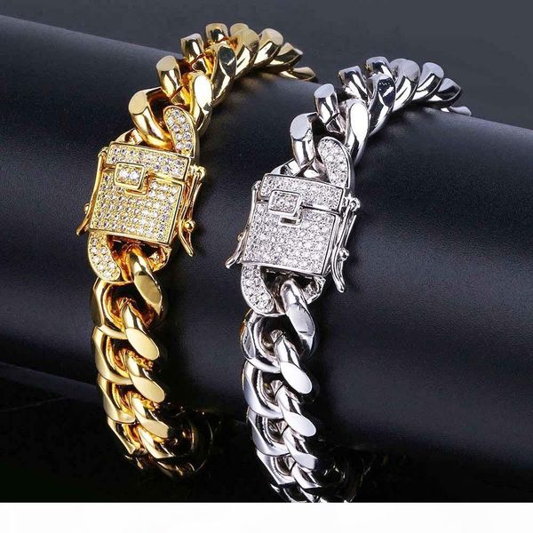 

316l stainless steel 18k real gold electroplated micro-studded diamond clasp miami cuba link bracelet for men high polished iced out chains, Golden;silver