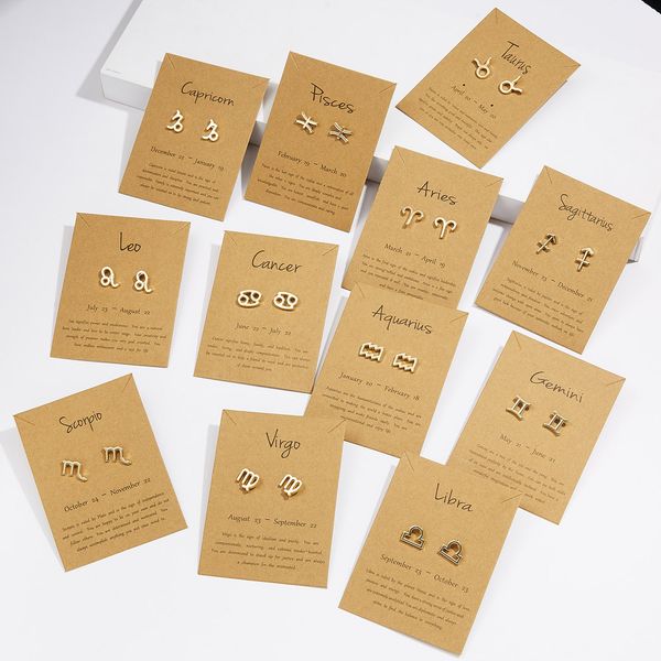 

european and united states fashion constellation sign stud earring gold 12 zodiac earrings with gift card, Golden;silver