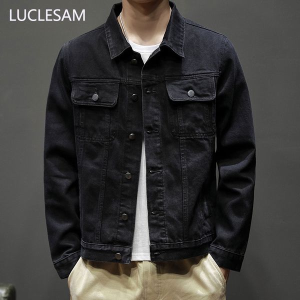 

mens black denim jacket solid color male casual bomber jeans jacket streetwear autumn vintage cowboy coat men jaqueta masculina, Black;brown