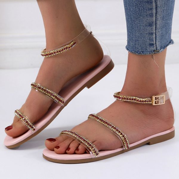 

women summer outdoor slippers rhinestone ankle strap buckle flat heel slides fashion simple female ladies shoes zapatos de mujer, Black