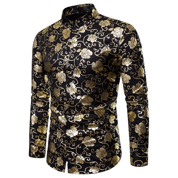 

gold rose flower foil print shirt men camisa masculina 2020 brand new casual mens shirts business wedding tuxedo shirt for men, White;black
