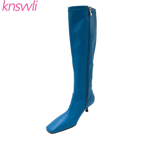 

runway kitten heels knee high boots women square toe stretch boots ladies slim long winter party shoes woman botas mujer, Black