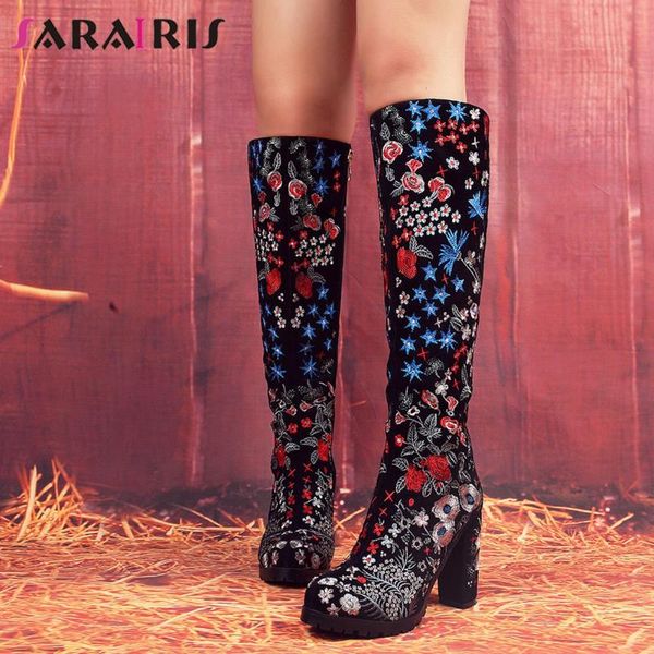 

sarairis new autumn female embroider rivet boots knee high boots women mixed color platform thick high heels zip shoes woman, Black