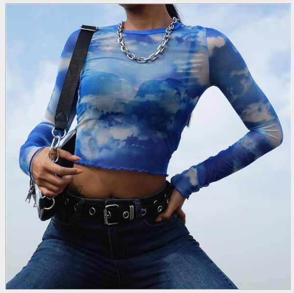 

womens designer tshirt long sleeve blue sky white clouds print skinney tees summer crop