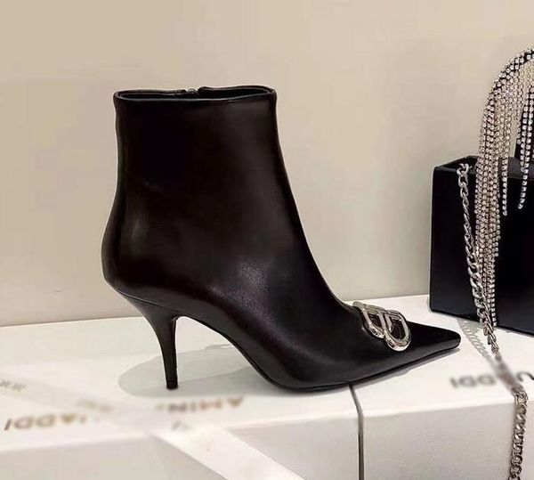 

2020 paris short boots female pointed toe shoes high-quality leather boots luxury designer logo stiletto high-heeled ankle boots, Black
