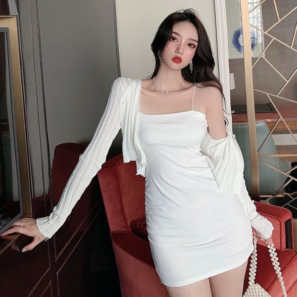 

women dresses net red street beat fried street suit womens all-match short knitted jacket tight waist hip strap skirt tide, Black