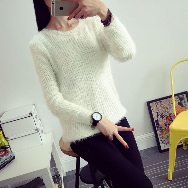 

2020 women candy colors sweaters fashion autumn winter warm mohair o-neck pullover long sleeve casual loose sweater knitted, White;black