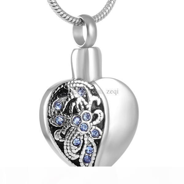 

heart stainless steel cremation pendant necklace crystal flower ashes keepsake urn memory necklace, Silver