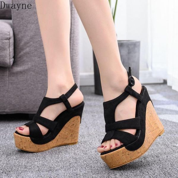 

12 cm wood grain waterproof platform wedges fish mouth sandals retro roman women's sandals sweet high heels womens shoes, Black