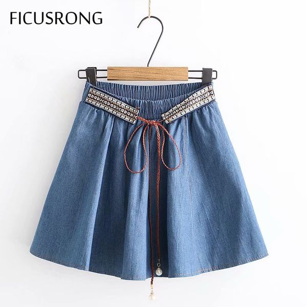 

women new summer elastic waist denim skirt female patchwork beading lace above knee prairie chic jeans skirts, Black