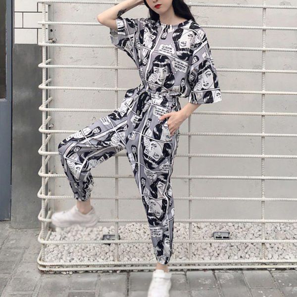 

women 2pcs set tracksuits cartoon printed harajuku short sleeves t-shirt long joggers 2020 autumn korean lady suit hip hop, Gray