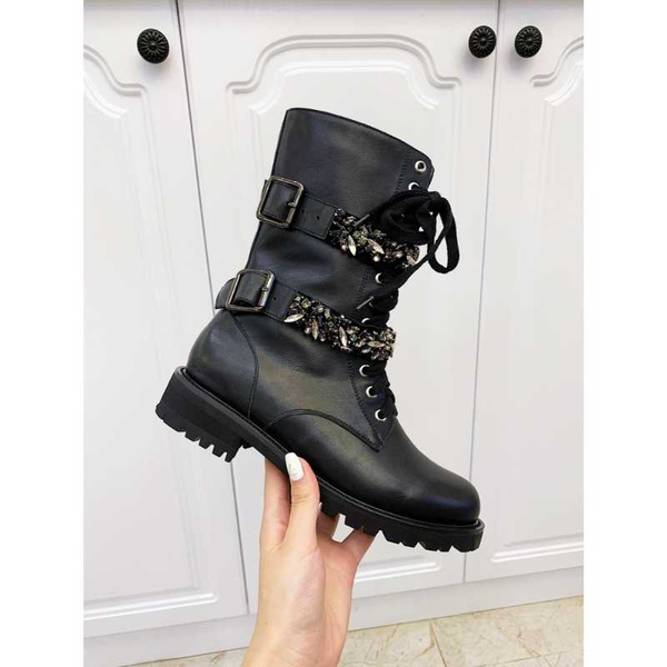 

boots shoes women crystal buckle calf knight round toe genuine leather zapatos de mujer, Black