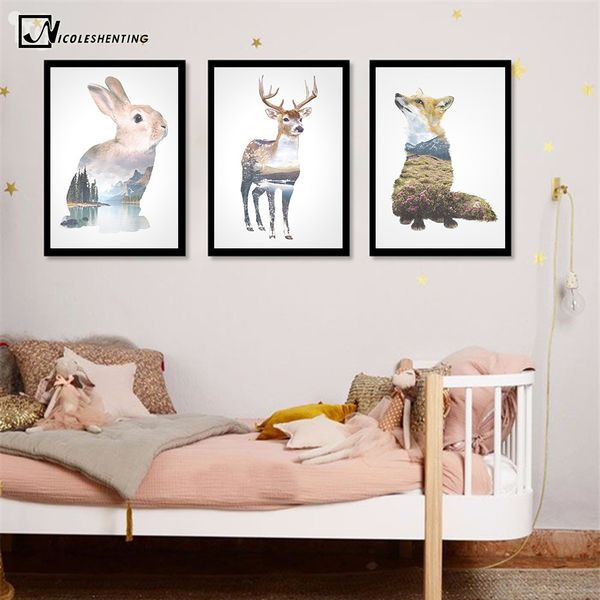 

nicoleshenting rabbit deer animal silhouette poster prints minimalism wall art canvas painting nordic style picture home decor
