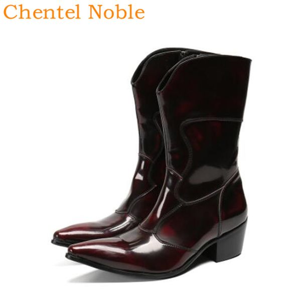 

chentel real leather retro fashion ankle boots men pointed toe zipper shoes men booties shoes med heel men's big size, Black