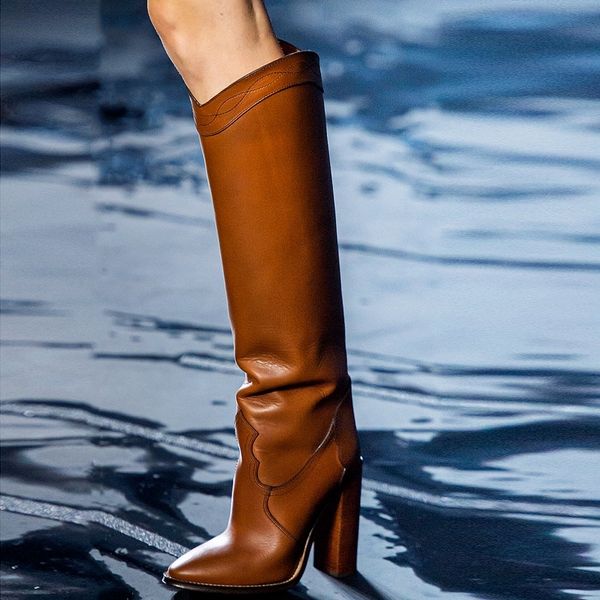 

кожа площади пятки сапоги сексуальная остроконечные колено высокие сапоги runway скольжению на швейных ниток зимнем женщин, Black