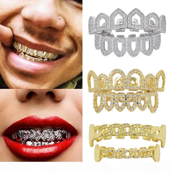 

18k gold hip hop full diamond hollow teeth grillz dental iced out fang grills braces tooth cap vampire cosplay rapper jewelry wholesale, Black