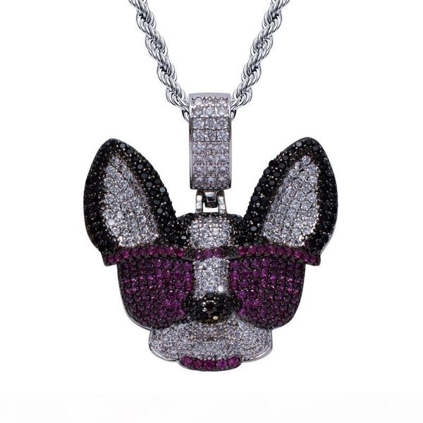 

hip hop luxury designer jewelry dog head sunglasses pendant necklace micro paved zircon dog chain, Silver