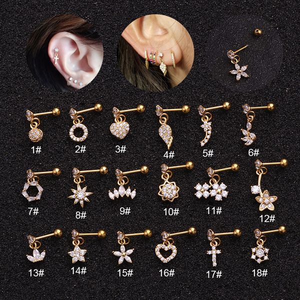 

18 mix design small cz zircon star moon wing drop earrings cute leaf cross flower pendant earrings bar ball ear jewelry, Silver