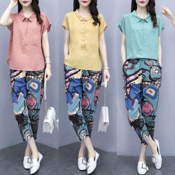 

cotton linen fashion suit women's summer clothes 2020 summer new light mature style small printed ankle-length pants cotton and linen t, Gray