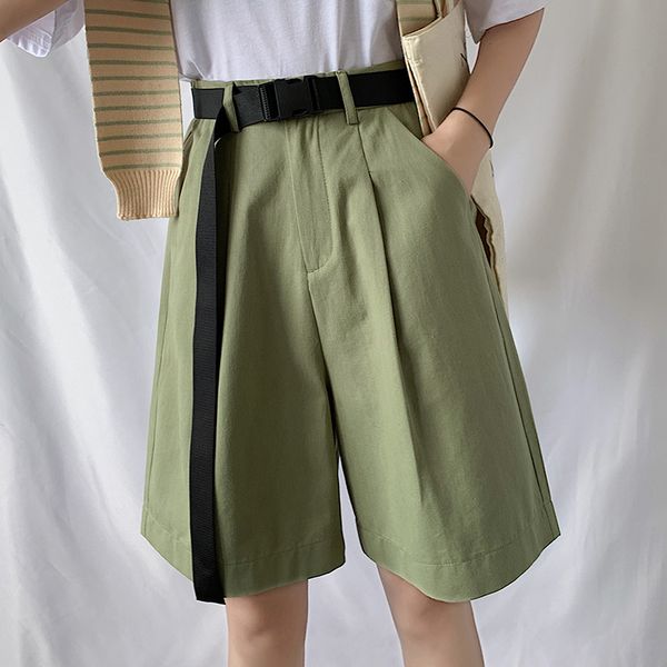 

plus size summer 2020 new casual cargo half pants with belt high waist chic wide leg pants elegant loose trousers pocket, Black;white