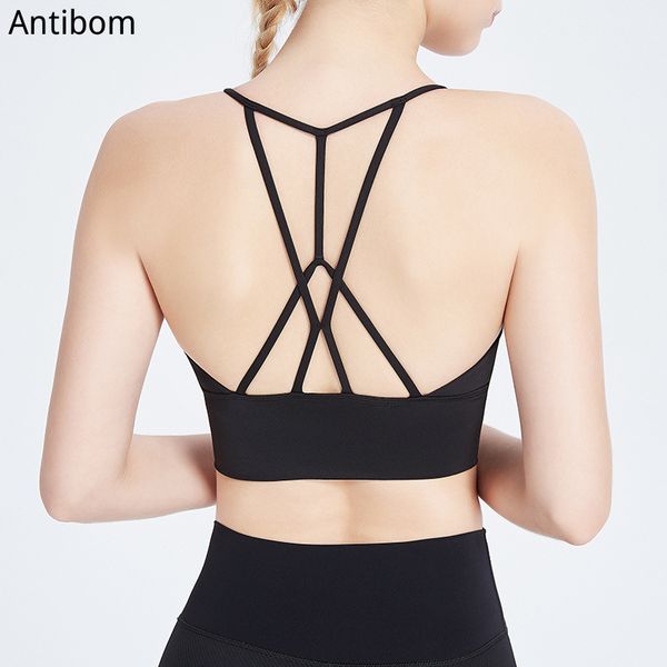 

gym clothing antibom women's medium support strappy removable cups yoga sports bra push up crop solid cross running workout, White;black