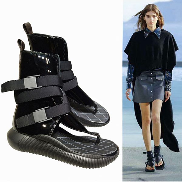 

women sandals flat heel rome sandals breathable summer flip flops rivet gladiator sandal genuine leather rubber sole with box, Black