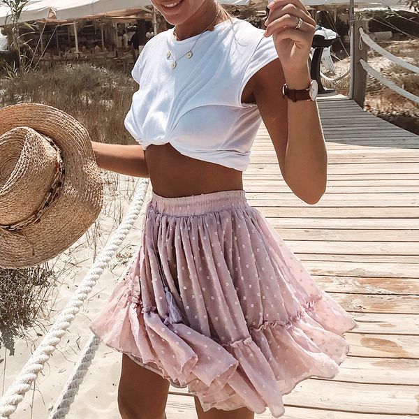 

septhydrogen brand casual polka dot ruffle summer pink skirt women a line high waist pleated short skirt floral print chiffon beach skirt, Black