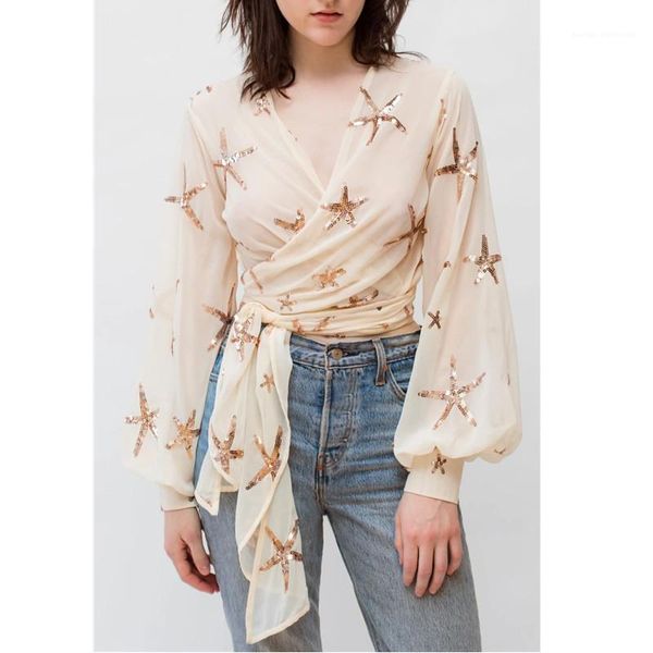 

звезда pattern женщины топы французский женщины шифон блузка мода v шеи puff рукавом зашнуровать блузы, White