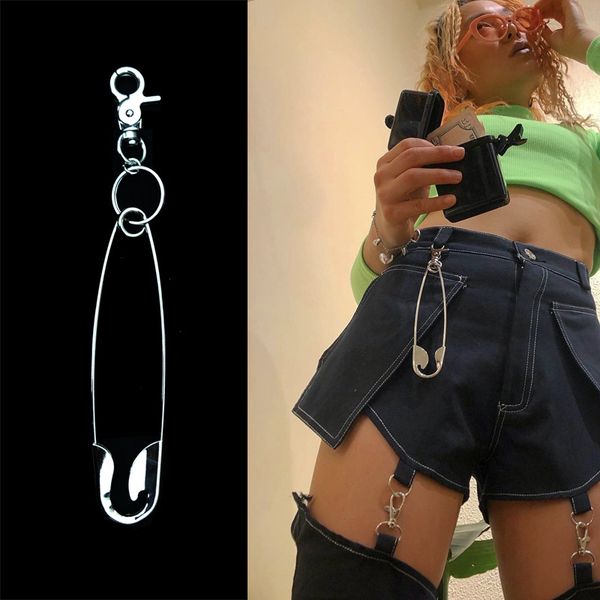 

punk big safety pin metal pendant keychain for women men vintage harajuku cool hip hop key chain waist pants jeans accessories, Silver
