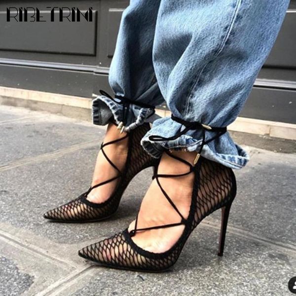 

ribetrini new ladies breathable summer fretwork shoes mature pointed toe women pumps high thin heels summer pumps, Black