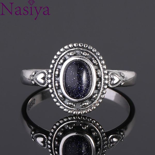 

new design 5x7mm blue sandstone ring 925 sterling silver ring punk jewelry for women cocktail party birthday gift, Golden;silver