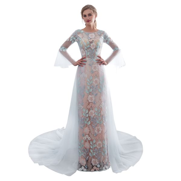 

colorful wedding dresses bridal gowns long sleeve lace applique wedding gowns court train robe de mariÃ©e custom made, White