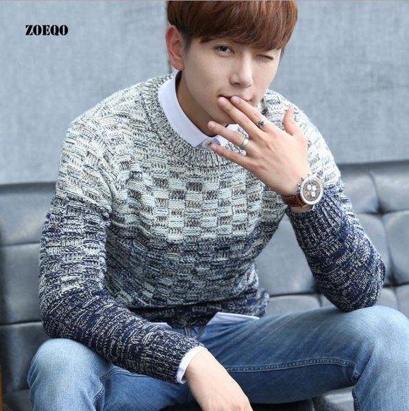 

autumn/winter new knit sweater mens casual sweater o-neck mixed colors slim fit male pollover knitwear pull homme, White;black